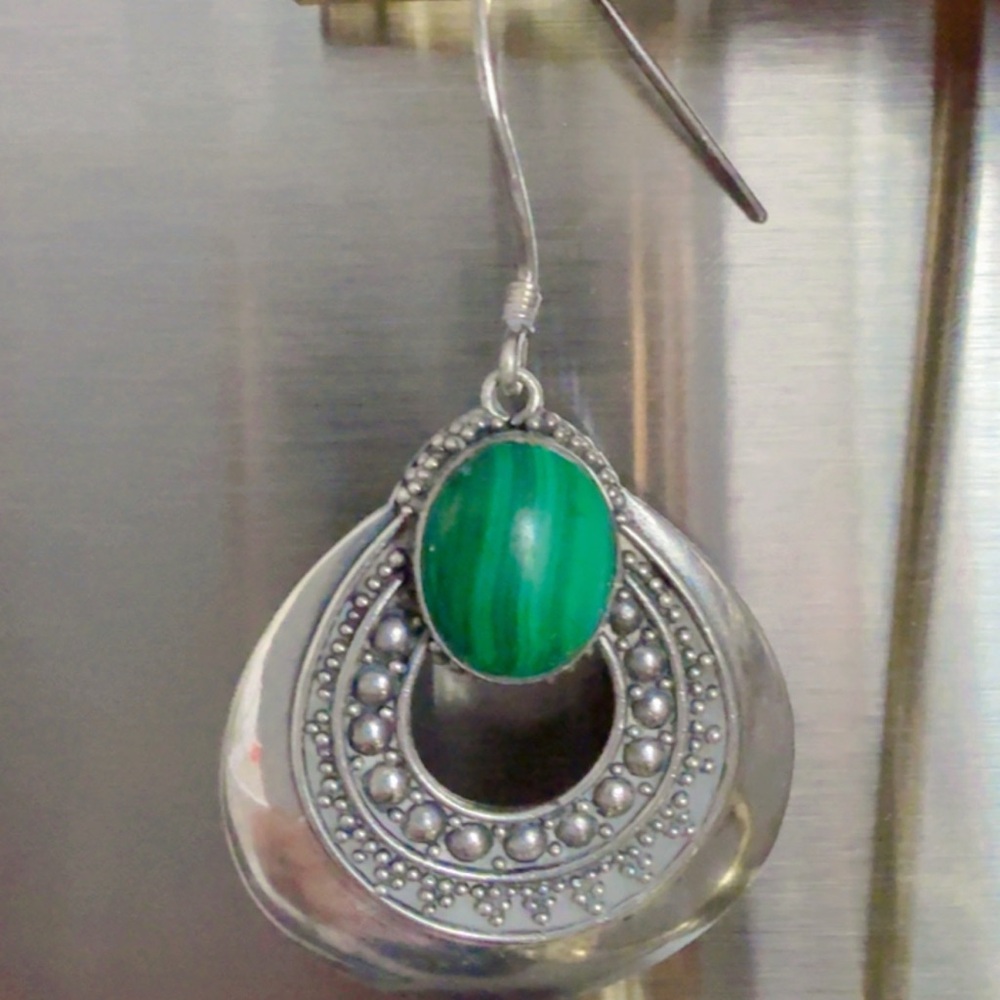 Silver and Green Dangle Earrings